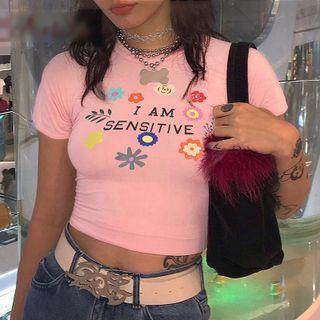 Lettering Print Flower Crop Top