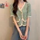Short-sleeve Floral Print Contrast Trim Button-up Top