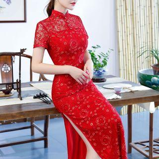 Short Sleeve Lace Panel Maxi Cheongsam