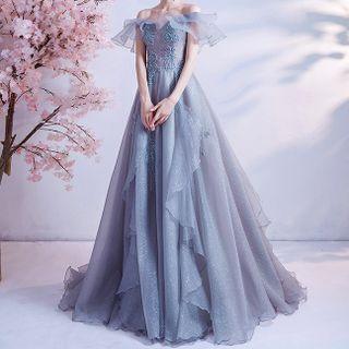 Off-shoulder Ruffled A-line Mesh Evening Gown