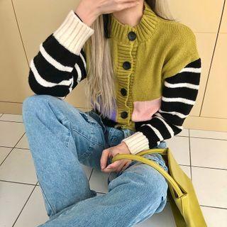 Striped Panel Cardigan Green & Black & White - One Size