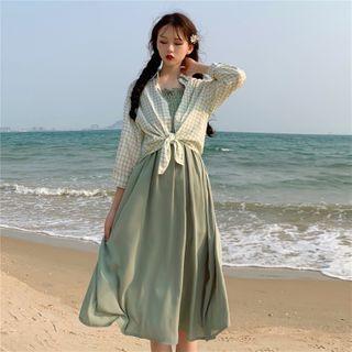 Spaghetti-strap A-line Midi Dress / Check Shirt