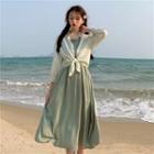 Spaghetti-strap A-line Midi Dress / Check Shirt