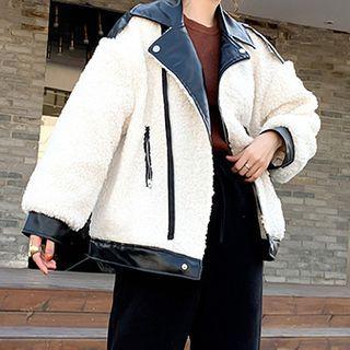 Faux Shearling Paneled Zip Jacket White - One Size