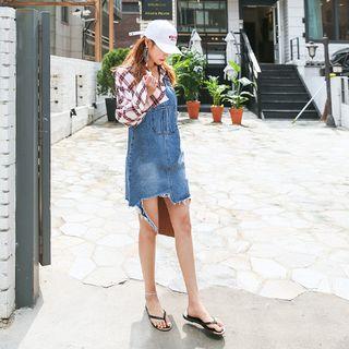 Cutout Distressed Denim Mini Jumper Dress