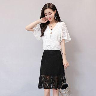 Set: Lace Short-sleeve Top + A-line Midi Skirt