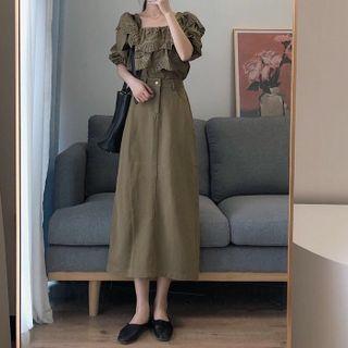 Short-sleeve Frill Trim Blouse / Midi A-line Skirt / Set