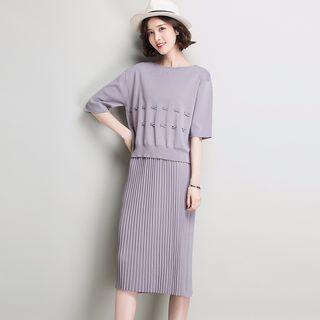 Set: Elbow-sleeve Knit Top + Pleated Midi Skirt