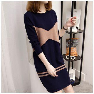 Color Panel Long-sleeve Pullover Dress