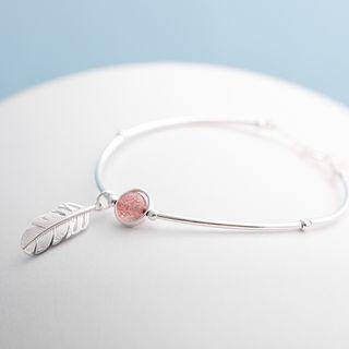925 Sterling Silver Bead & Feather Bangle 1 Pc - Pink & Silver - One Size