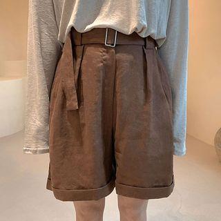 Belted Cuff-hem Wide-leg Linen Shorts