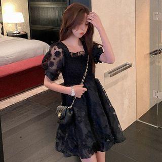 Puff-sleeve A-line Mesh Dress