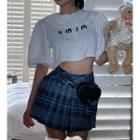 Puff-sleeve Lace Trim Lettering Crop Top / Plaid Pleated Mini A-line Skirt
