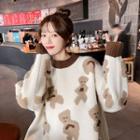 Bear Print Sweater Coffee - One Size