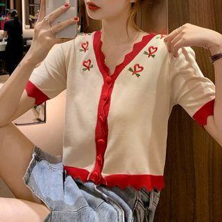 Heart Embroidered Short-sleeve Cardigan As Shown In Figure - One Size