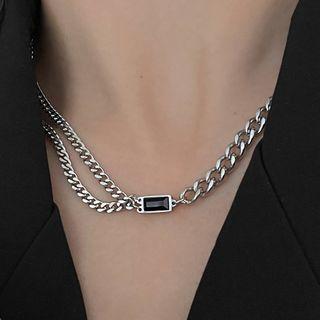 Gemstone Pendant Layered Alloy Choker Silver - One Size
