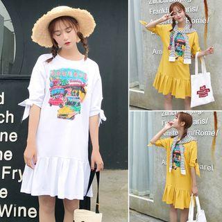 Printed Elbow-sleeve Ruffle Hem T-shirt Dress