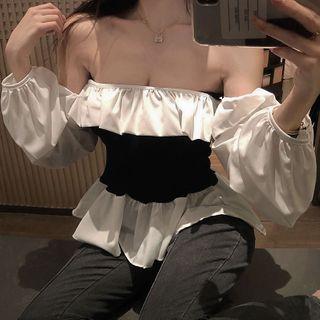 Long-sleeve Off-shoulder Tiered Crop Top As Shown In Figure - One Size