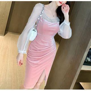 Long-sleeve Embellished Slit Sheath Dress