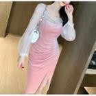 Long-sleeve Embellished Slit Sheath Dress