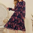 Long-sleeve Floral Print Mesh Midi Dress