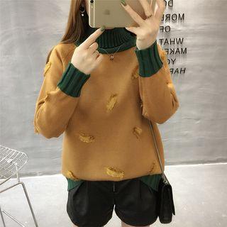 Turtleneck Contrast-trim Feather-accent Sweater