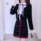Set: Frill Trim Blouse + Double-breasted A-line Skirt