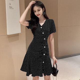 Short-sleeve V-neck Dotted Single-breasted Mermaid Dress