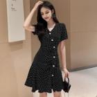 Short-sleeve V-neck Dotted Single-breasted Mermaid Dress