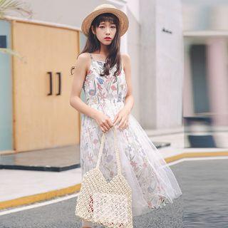 Floral Print Spaghetti-strap Mesh Panel Dress