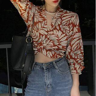 V-neck Printed Long-sleeve Shirt Red - One Size