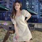 Short-sleeve Sweetheart Neckline Floral Mini A-line Dress