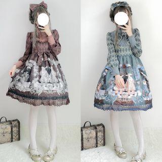 Set: Long-sleeve Printed A-line Dress + Headband