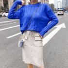 Set: Cable-knit Sweater + Button-front Rib-knit Midi Skirt Blue Top & Bottom - Almond - One Size