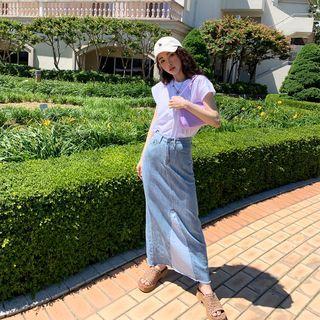 Contrast-trim Slit-back Maxi Denim Skirt