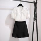 Collared Elbow-sleeve Blouse / Mini A-line Skirt / Set