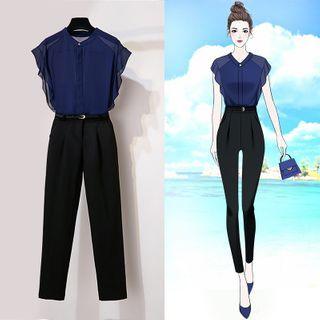 Set: Cap-sleeve Chiffon Blouse + Tapered Dress Pants