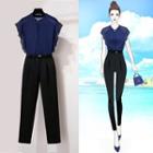 Set: Cap-sleeve Chiffon Blouse + Tapered Dress Pants