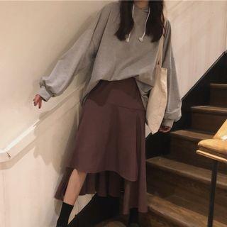 Plain Hoodie/ Cut Out Hem Midi A-line Skirt