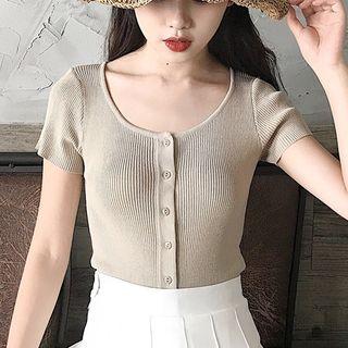 Buttoned Ribbed Short-sleeve Top