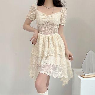 Puff Sleeve Square-neck Lace Layered Mini Dress