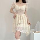 Puff Sleeve Square-neck Lace Layered Mini Dress