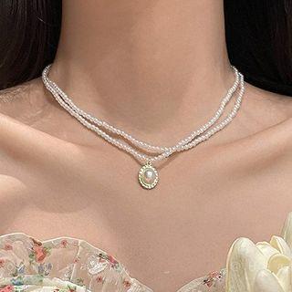 Faux Pearl Pendant Layered Alloy Choker Pearl White - One Size