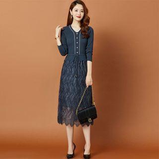 Mock Two-piece Lace Panel Knit Midi Sheath Dress