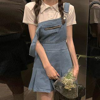 Short-sleeve Polo Shirt / Denim Mini A-line Overall Dress