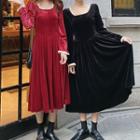 Square-neck Long-sleeve A-line Midi Velvet Dress