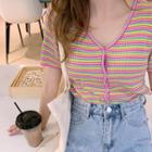 V-neck Rainbow Striped Knit Short-sleeved Top Color - One Size