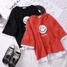 Mock Two Piece Smiley Face Print Elbow Sleeve T-shirt