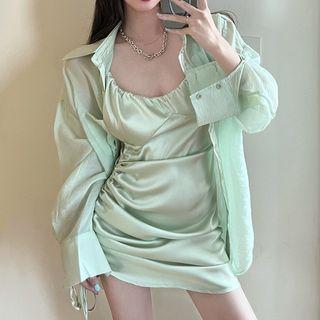 Spaghetti Strap Mini Sheath Dress / Plain Shirt / Set