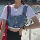 Short-sleeve Cropped T-shirt / Wide Strap Button Denim Cropped Top